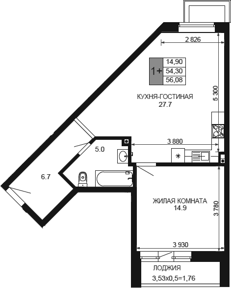 2-комн., 54.32 м², 1/12 этаж, ЖК «Сегодня»
