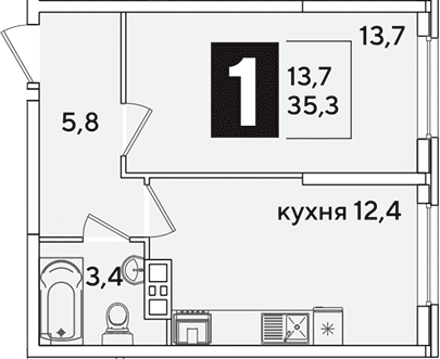 1-комн., 35.3 м², 8/16 этаж, ЖК «Самолет»
