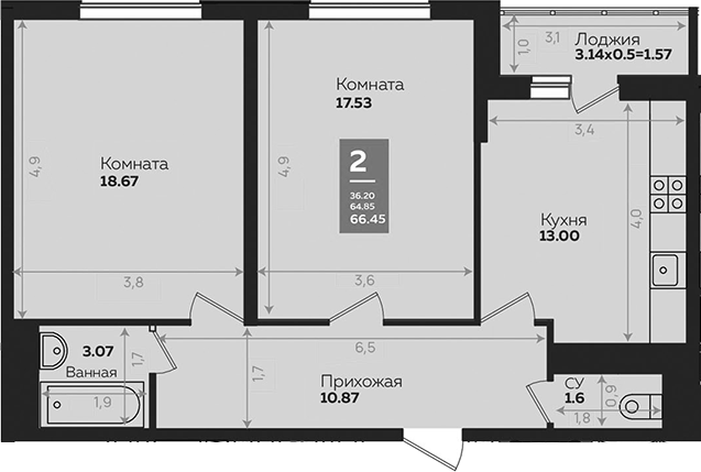 2-комн., 64.88 м², 9/24 этаж, ЖК «Левада»
