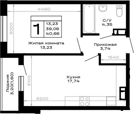 1-комн., 39.06 м², 6/14 этаж, ЖК «Горные высоты»