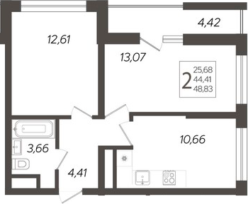 2-комн., 44.41 м², 9/19 этаж, ЖК «Кислород»