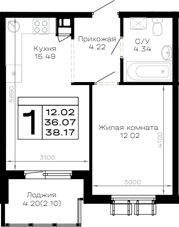 1-комн., 36.07 м², 2/4 этаж, ЖК «Усадьба Гостагаевская»