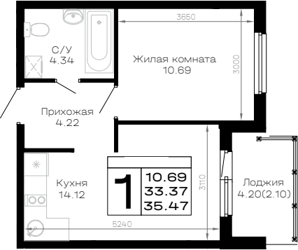 1-комн., 33.37 м², 2/4 этаж, ЖК «Усадьба Гостагаевская»