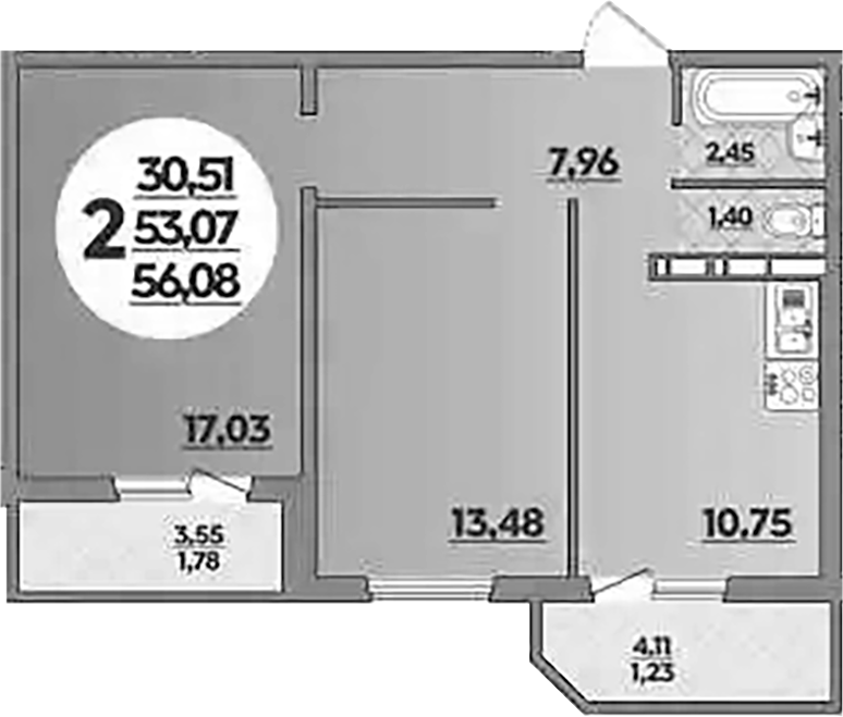 2-комн., 53.07 м², 4/16 этаж, ЖК «Восточный. Квартал №6»