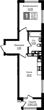 1-комн., 42.27 м², 11/18 этаж, ЖК «Резиденция морей»