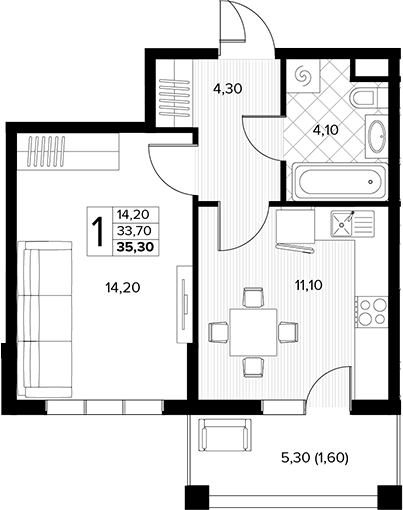 1-комн., 33.7 м², 2/7 этаж, ЖК «Кипарис»