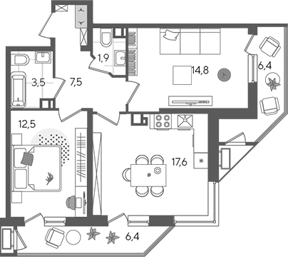 3-комн., 57.8 м², 8/24 этаж, ЖК «Рекорд»