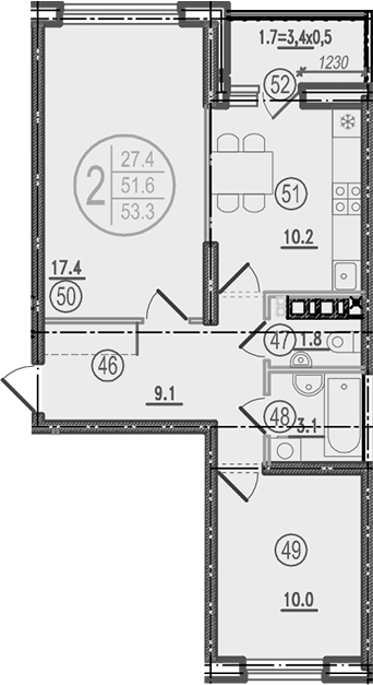 2-комн., 51.6 м², 6/9 этаж, ЖК «Спортивная деревня»