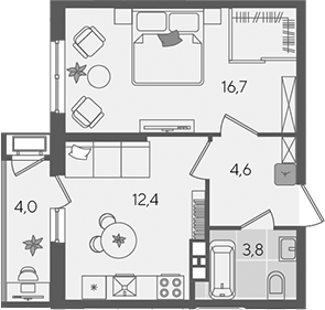 1-комн., 37.5 м², 4/24 этаж, ЖК «Рекорд»