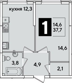 1-комн., 37.7 м², 1/16 этаж, ЖК «Самолет»
