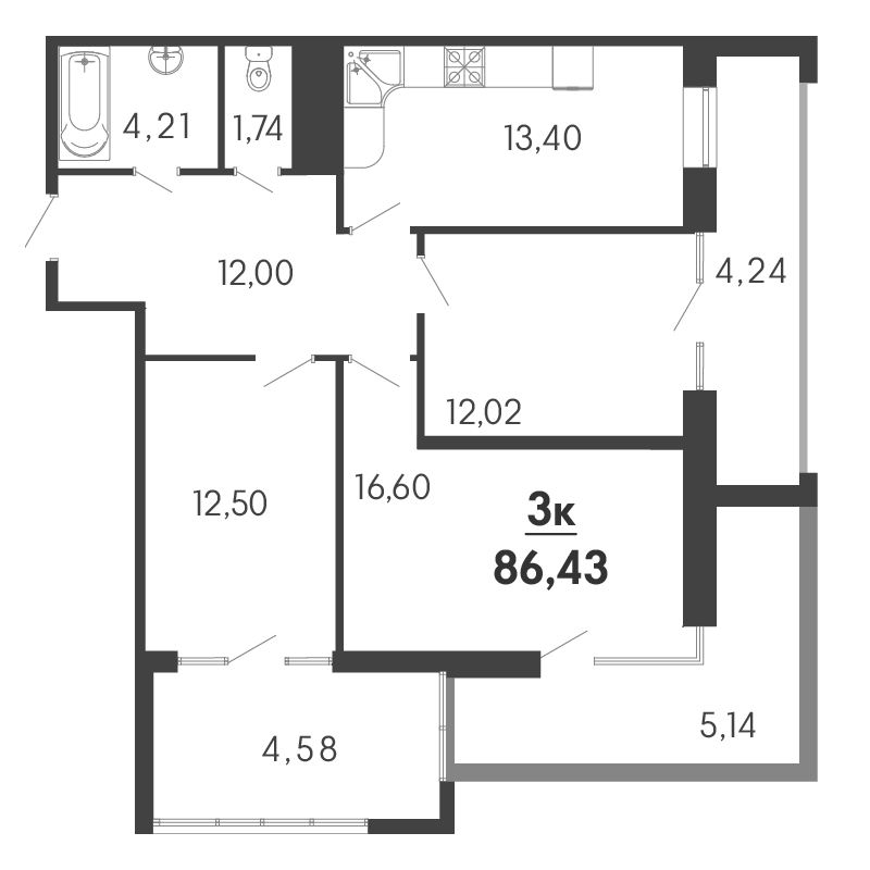 3-комн., 72.47 м², 2/21 этаж, ЖК «Форт Адмирал»