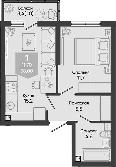 2-комн., 37 м², 1/24 этаж, ЖК «Облака»