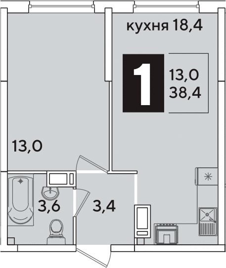 2-комн., 38.4 м², 13/16 этаж, ЖК «Самолет»