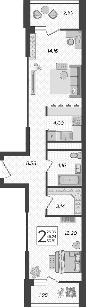 2-комн., 47.03 м², 7/19 этаж, ЖК «Кислород»