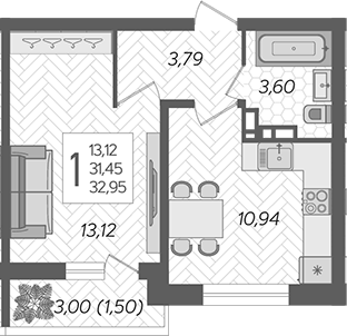 1-комн., 31.45 м², 13/16 этаж, ЖК «Смородина»