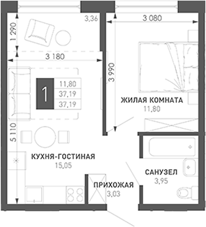 1-комн., 33.83 м², 6/18 этаж, ЖК «Иначе в Молодежном»