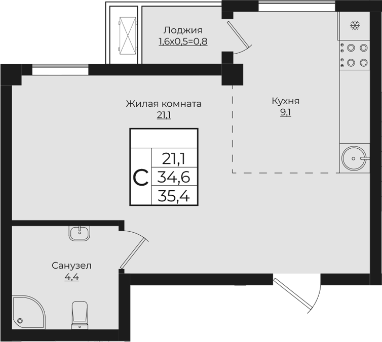 Студия, 34.6 м², 9/9 этаж, ЖК «Европа-Сити»