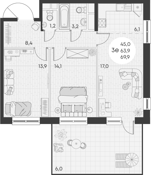 3-комн., 63.9 м², 2/16 этаж, ЖК «Грин Эппл»
