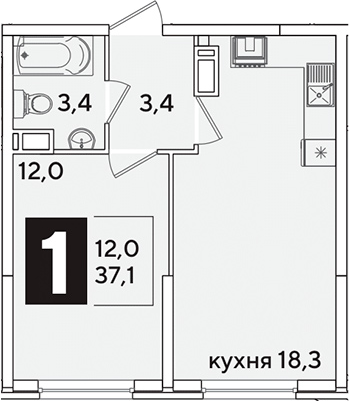 2-комн., 37.1 м², 12/16 этаж, ЖК «Самолет»