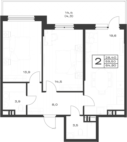 2-комн., 67.2 м², 1/4 этаж, ЖК «ЭкоСфера. ГК Во-первых»