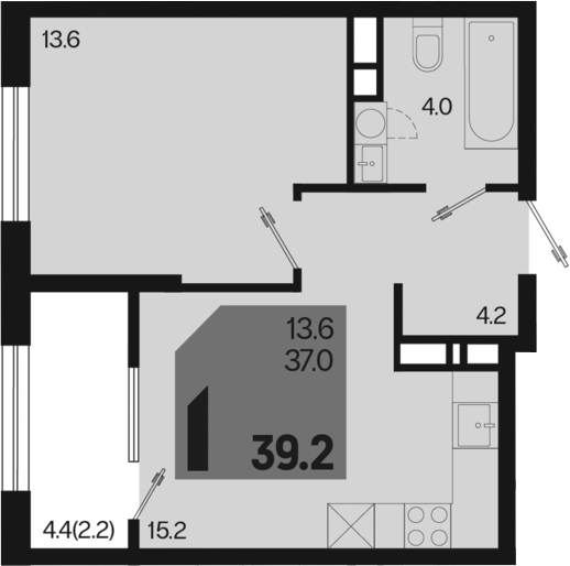 1-комн., 37 м², 14/18 этаж, ЖК «Первое место»