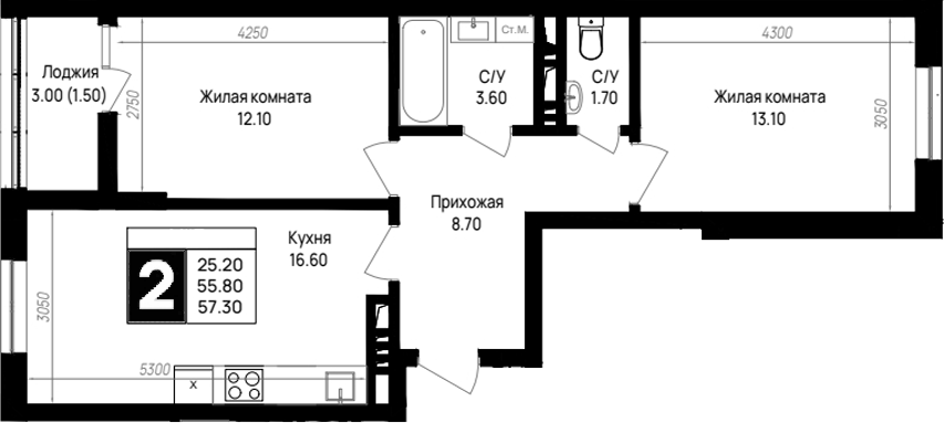 2-комн., 55.8 м², 4/9 этаж, ЖК «На высоком берегу»