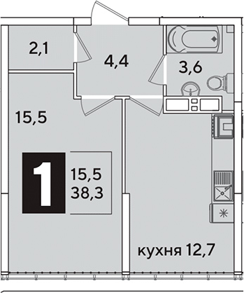 1-комн., 38.3 м², 16/16 этаж, ЖК «Самолет»