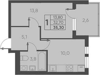 1-комн., 32.7 м², 10/15 этаж, ЖК «Барса»