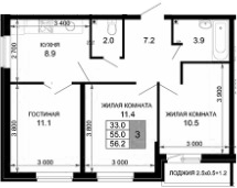 3-комн., 55 м², 2/16 этаж, ЖК «Дыхание»
