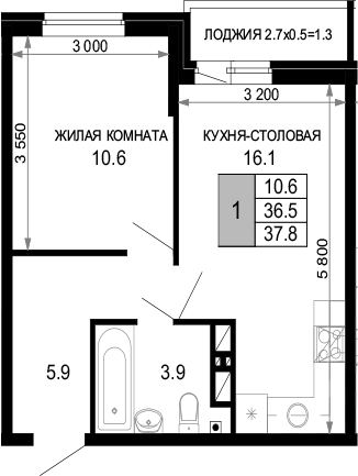 1-комн., 36.5 м², 11/16 этаж, ЖК «Дыхание»