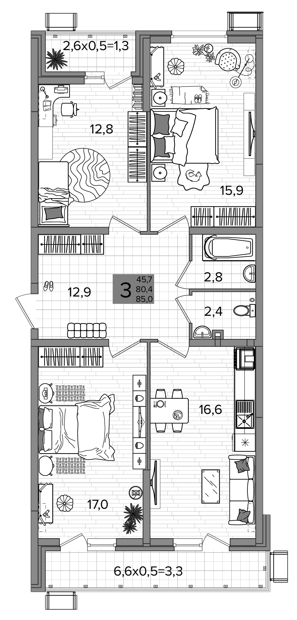 3-комн., 80.4 м², 2/16 этаж, ЖК «Сармат»
