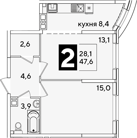 2-комн., 47.6 м², 8/16 этаж, ЖК «Самолет»