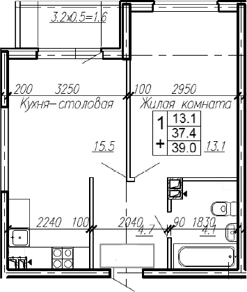 1-комн., 37.4 м², 4/4 этаж, ЖК «Эво»