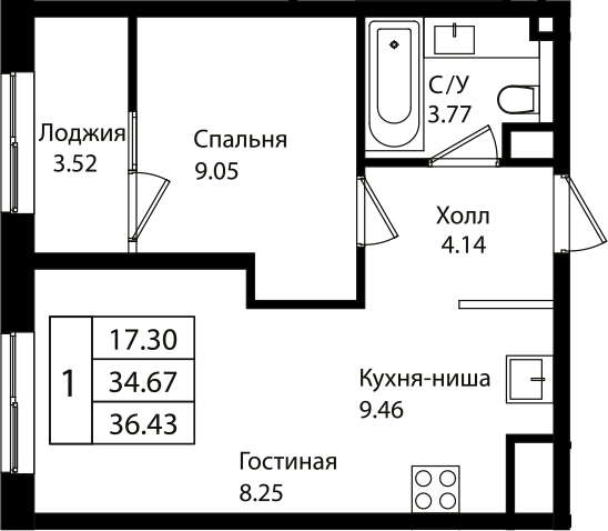2-комн., 34.67 м², 13/18 этаж, ЖК «Патрики»