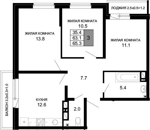 3-комн., 63.1 м², 11/16 этаж, ЖК «Дыхание»