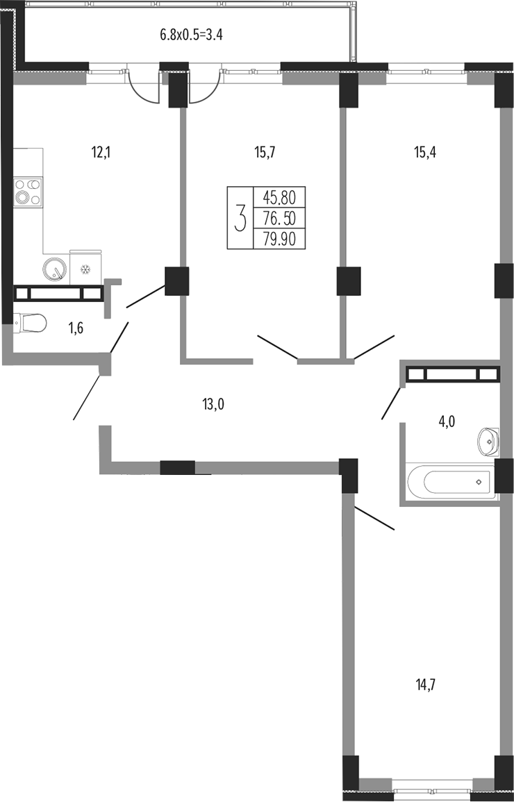 3-комн., 76.5 м², 8/15 этаж, ЖК «Екатерининский парк»
