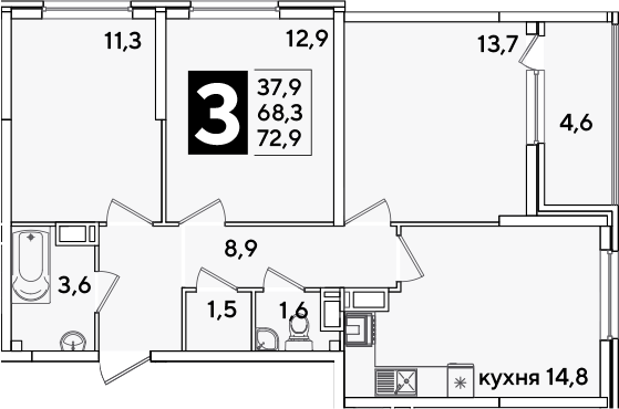 3-комн., 68.3 м², 15/16 этаж, ЖК «Самолет»
