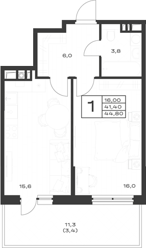 Продается 1-комн. квартира, 41.4 м²