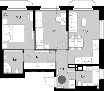 2-комн., 51 м², 11/18 этаж, ЖК «Грейд»