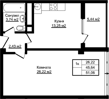 1-комн., 45.64 м², 3/12 этаж, ЖК «Южный парк. СЗ Корона»