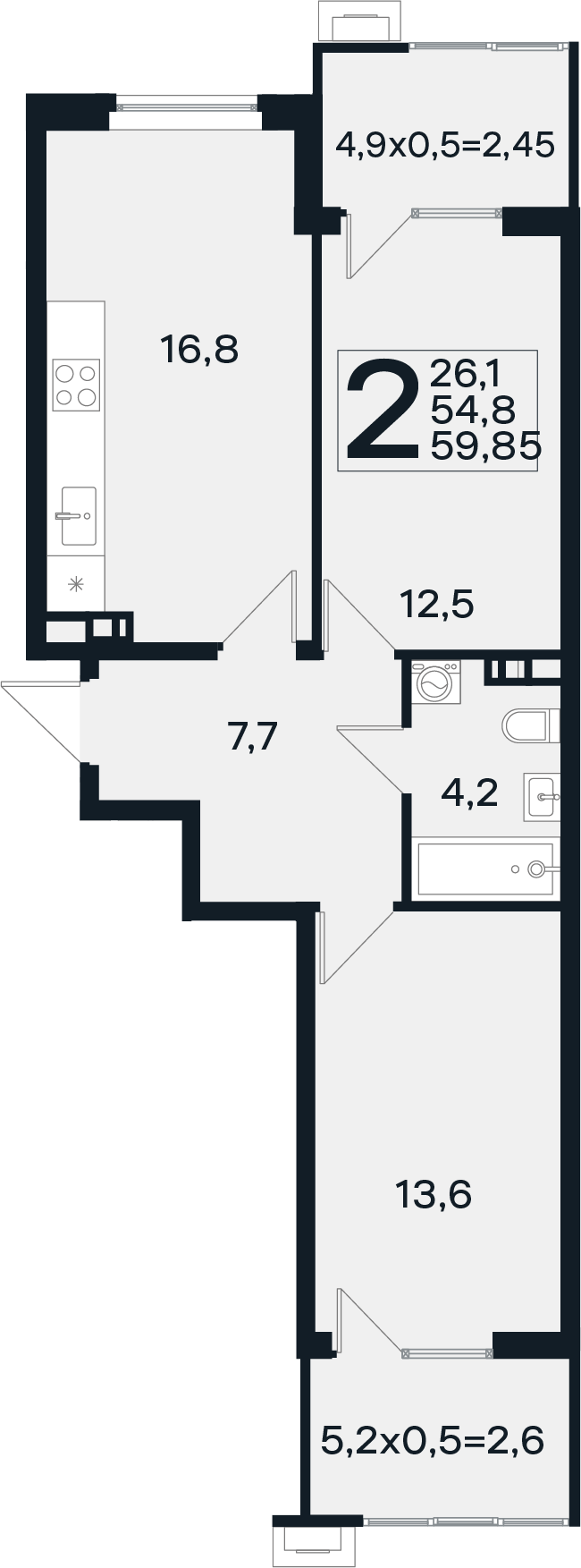 2-комн., 54.8 м², 1/4 этаж, ЖК «Новая Елизаветка»