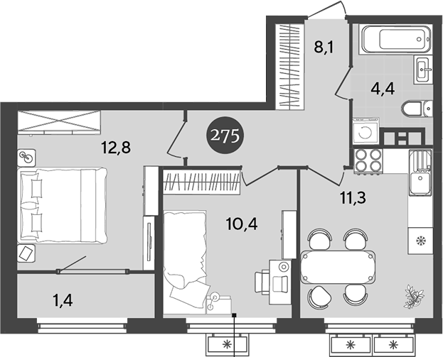 2-комн., 47 м², 8/9 этаж, ЖК «Порто-Ново»