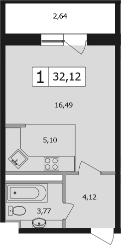 Студия, 29.48 м²
