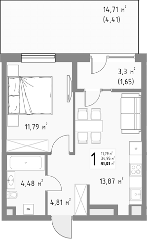 1-комн., 34.95 м², 3/9 этаж, ЖК «Коллекция»