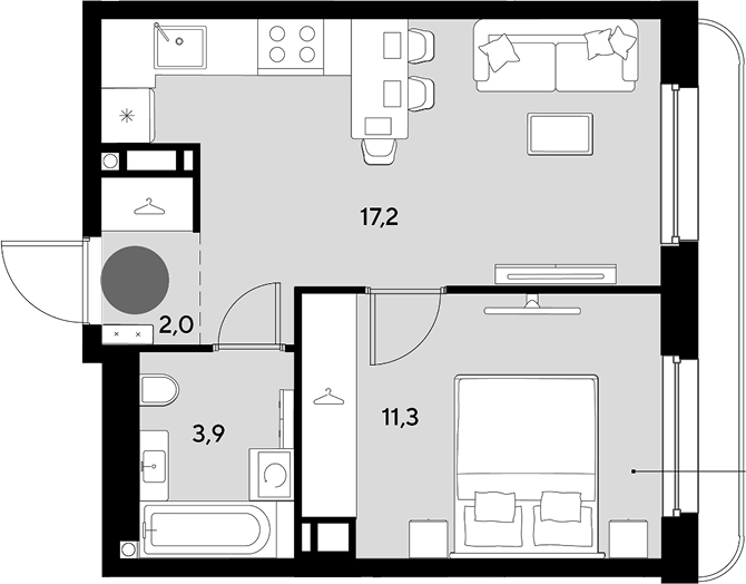 2-комн., 34.4 м², 6/9 этаж, ЖК «Грейд»