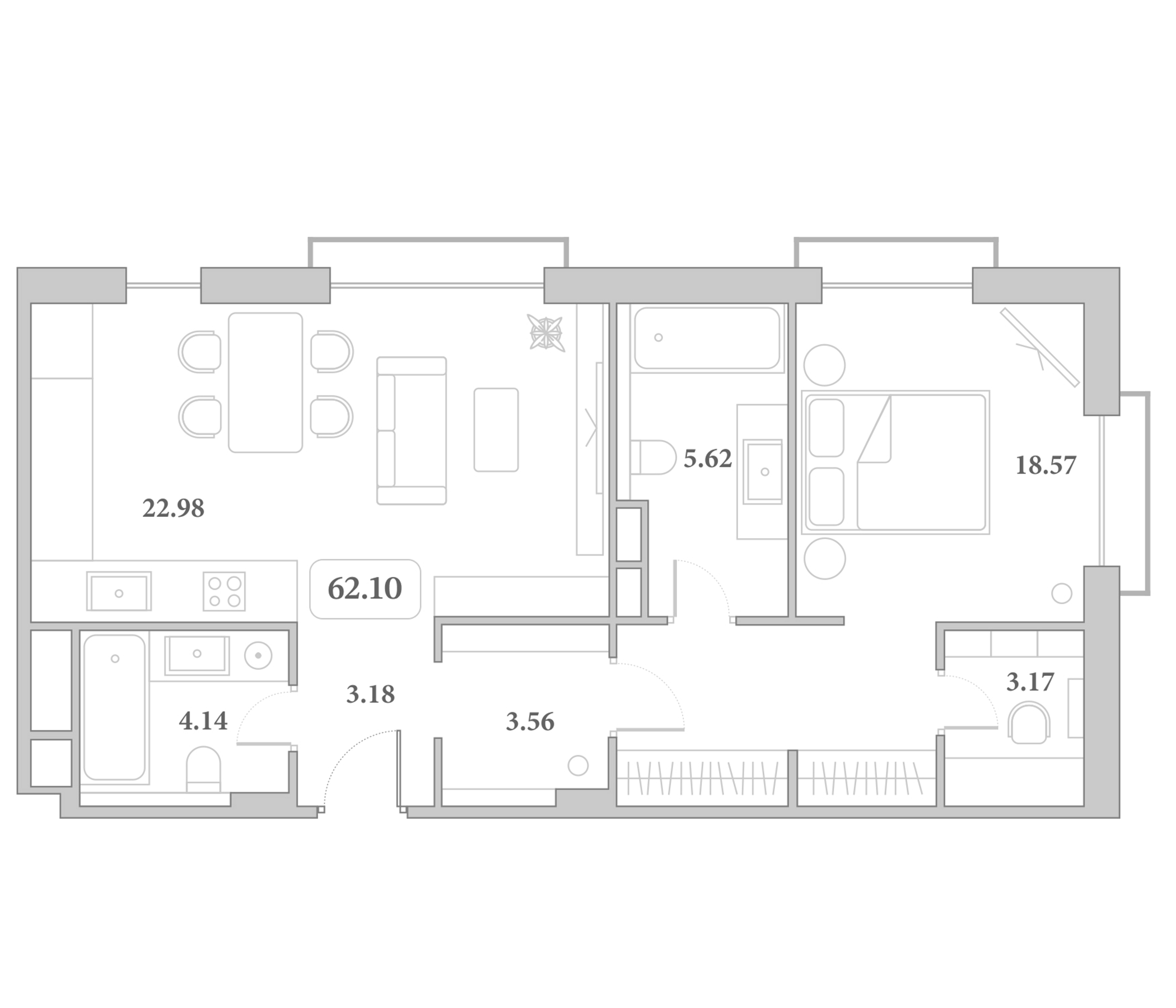 2-комн., 61.22 м², 7/7 этаж, ЖК «Граф Толстой»