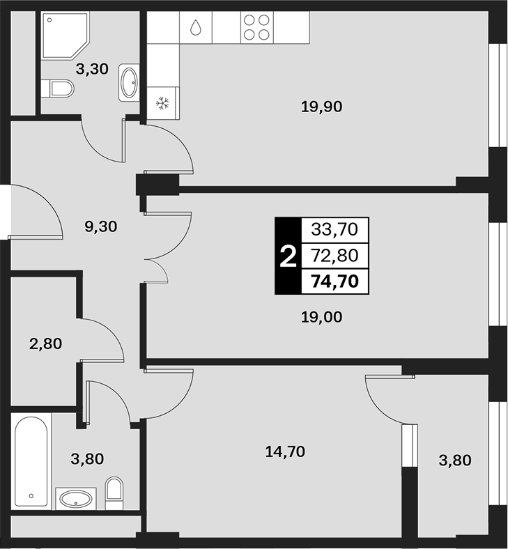 2-комн., 72.8 м², 3/13 этаж, ЖК «Аксис Патриот»