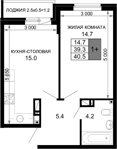 2-комн., 39.3 м², 8/16 этаж, ЖК «Дыхание»