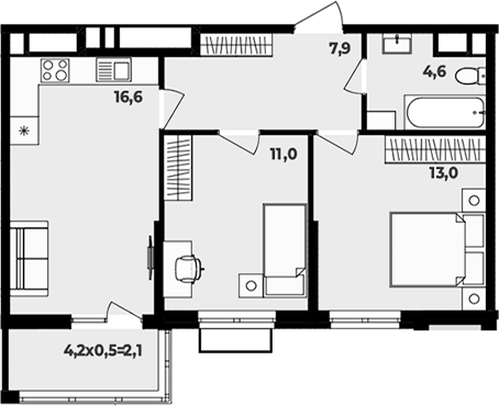 3-комн., 53.1 м², 9/16 этаж, ЖК «МегаСити»