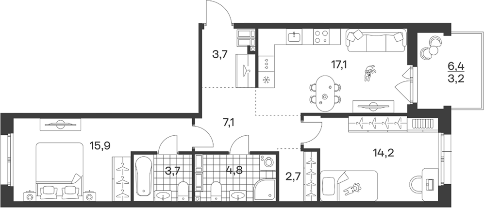 3-комн., 69.2 м², 3/9 этаж, ЖК «Символ. ГК Трест»